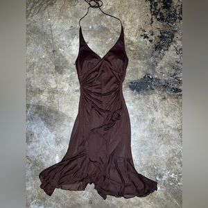 Brown Y2K Ruffle Halter Dress - Size M - Vintage Dress